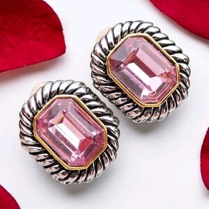 Vintage Renaissance Revival Pink Crystal Clip On Earrings Rope Frame Statement